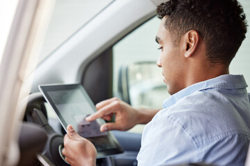 Poster - Tablet, navigation and a man driving a car while searching online for directions to a location as a driver. Map, technology and app with a young male sitting in a vehicle for transport or travel