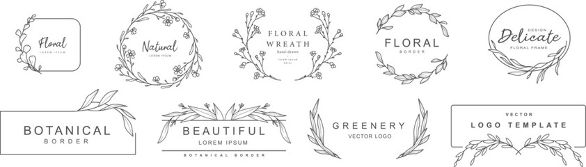 Wall Mural - Logo templates with hand drawn flowers, branches and leaves. Elegant vector floral frame for label, corporate identity, wedding invitation, save the date