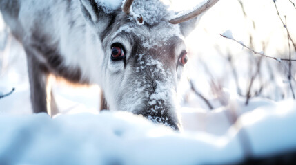 Wall Mural - In an icy expanse, Closeup a reindeer's eyes sparkle; breath misting, fur details vibrant against the stark, snow-kissed terrain. Generative AI