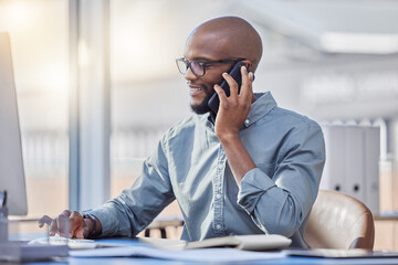 Poster - phone call, computer and business man for online advice, technical support and it solution in office