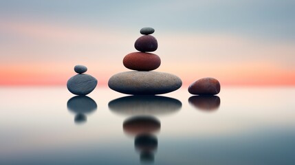 Balanced zen stones on top of still water made with AI generative technology