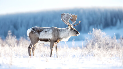 Wall Mural - A reindeer glides over the snow, its silhouette striking against the crisp winter sky, the very essence of wild grace on a snowy canvas. Generative AI