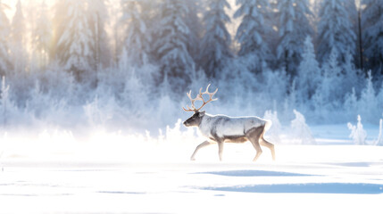 Wall Mural - A reindeer glides over the snow, its silhouette striking against the crisp winter sky, the very essence of wild grace on a snowy canvas. Generative AI