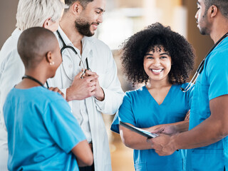 Poster - Woman, portrait and group of nurses in discussion, consultation or happy medical collaboration with doctors. Face, smile and nurse working with people, team and healthcare workers in hospital