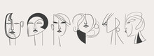 Big Set Of Various Faces, Abstract Shapes. Ink Painting Style. Contemporary Hand Drawn Vector Illustrations. Continuous Line, Minimalistic Elegant Concept. All Elements Are Isolated