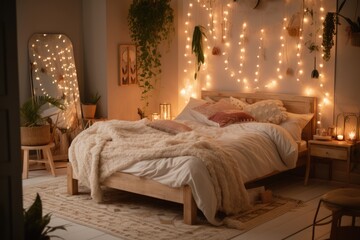 Wall Mural - living room decorated with strings of fairy lights, created using generative ai technology