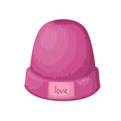 Wall Mural - Beanie hat for girl vector illustration. Cartoon isolated bright pink wool street cap for hipsters fashion outfit of teenage or young woman, woolen model of head accessory, beanie with love sign