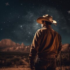 Wall Mural - cowboy star gazing at night sky, created using generative ai technology
