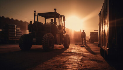 Wall Mural - Men driving heavy machinery at construction site during sunset generated by AI