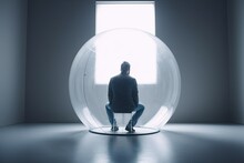 Unsocial lonely man in a bubble sits in an empty white room. Generative AI