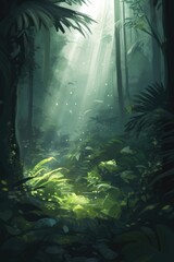 Wall Mural - rainforest with tropical plants and sun rays, created using generative ai technology