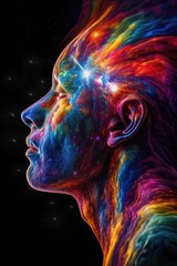 Wall Mural - human head made of colourful trails over space with stars, created using generative ai technology