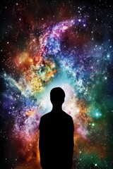 Wall Mural - human head made of colourful trails over space with stars, created using generative ai technology