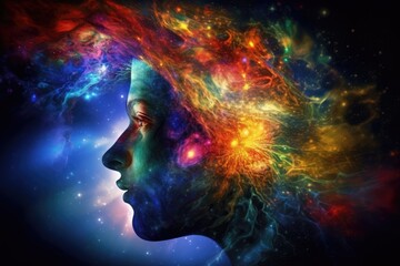 Wall Mural - pink woman made of space lights and trails with stars, created using generative ai technology