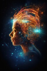 Wall Mural - human head made of colourful light trails over space, created using generative ai technology