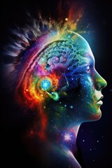 Wall Mural - human head made of colourful trails over space with stars, created using generative ai technology