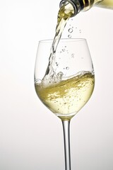 Wall Mural - white wine pouring to glass from bottle on white background, created using generative ai technology