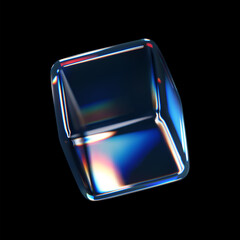 3d crystal glass cube with refraction and holographic effect isolated on black background. Render transparent glass rotate box with overlay dispersion light, rainbow gradient. 3d vector illustration