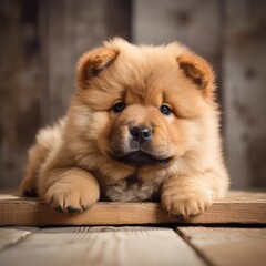 Portrait of cute chow chow puppy on blue background, created using generative ai technology