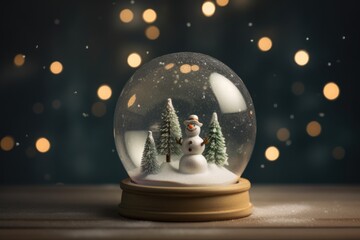 Snowman and trees in christmas snow globe by christmas tree, created using generative ai technology