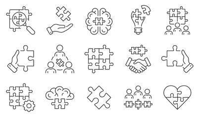 Poster - Business Partnership, Teamwork Line Icon Set. Team Connection, Communication Management Linear Pictogram. Jigsaw Puzzle Pieces Outline Symbol Collection. Editable Stroke. Isolated Vector Illustration