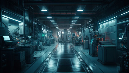 Canvas Print - Automated conveyor belt in futuristic factory illuminates heavy machinery at night generated by AI