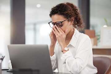 Poster - Business woman, headache and stress in burnout, anxiety or depression on laptop at office. Tired or frustrated female person or employee by computer in fail, mistake or depressed problem at workplace