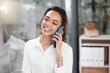 Aufkleber - Phone call, happy and business woman in office talking, in discussion and conversation with smile. Communication, networking and female worker on smartphone speak for planning, contact and connection