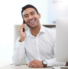 Fototapete - Happy, phone call and business man in office for networking, communication and contact. Technology, corporate and connection with male employee for conversation, entrepreneur and discussion