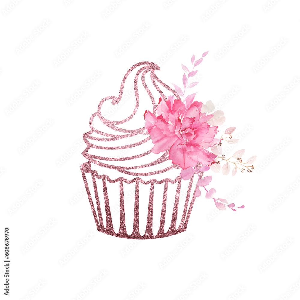 pink rose bakery logo design with floral element... Rose gold cupcake with flowers. bakery logo design. Stock Illustration ...
