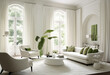 © fabioderby - Elegant luxury modern living room, white bright tones, couch and large window. Generative AI 3D render home interior design
