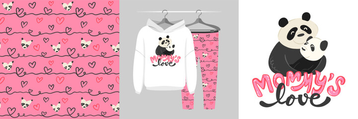 Wall Mural - Seamless pattern and illustration set with family hugs, mom and baby panda, Mommy’s Love text. Cute design pajamas on a hanger. Baby background for tee prints, room decor, baby shower, fabric design