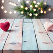 Selective focus, Pastel color wooden table top on blur soft focus valentines day themed background. For montage product display. generative ai.