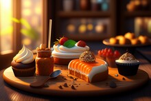 A Variety Of Desserts On A Wooden Table