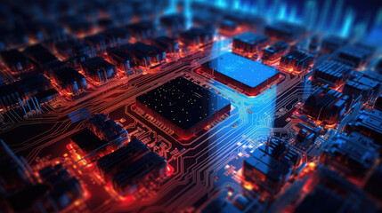 Canvas Print - Red 3D computer processor on high tech looking digital circuit board. Sized for widescreens.