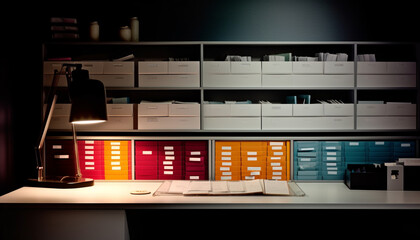 Sticker - Modern office design illuminated bookshelf, computer monitor, and filing cabinet generated by AI