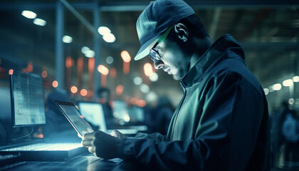 Poster - One businessman typing on computer, illuminated office, wireless connection generated by AI