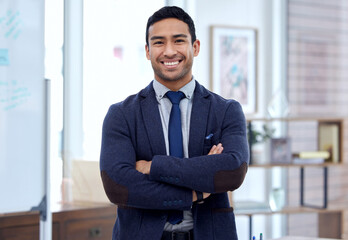 Happy, arms crossed and portrait of business man in office for corporate, professional and pride. Happiness, smile and entrepreneur with male employee for mission, natural and management