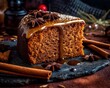 slice of gingerbread cake with molasses glaze on top, surrounded by various spices like cinnamon and ginger