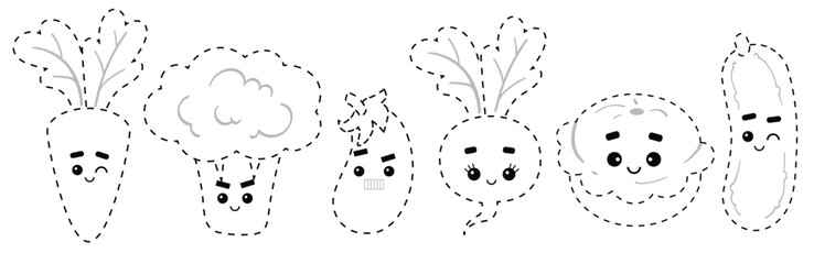 Wall Mural - Connect the dots, educational game for children. Set of cute cartoon vegetables with faces