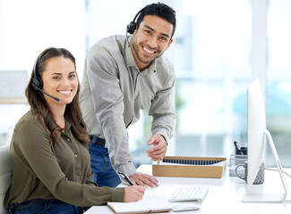 Poster - Call center, man coaching woman and smile in portrait, office and writing notes for learning at telemarketing job. Crm, teaching and notebook for customer service, consulting and tech support with pc