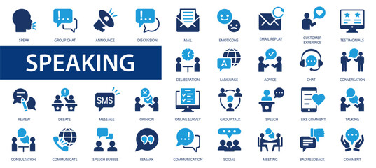speaking icons set. people and communication icons collection. speech bubble, discussion, team, rela