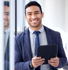 Poster - Tablet, portrait and business man with smile for online management, financial software or office planning. Face of corporate worker, accountant or asian person on digital accounting or technology app