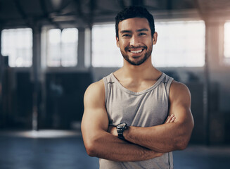 Sticker - Fitness, smile and portrait of a personal trainer with crossed arms in the gym before a strength workout. Confidence, happy and male athlete after a bodybuilding arm exercise in a sports center.