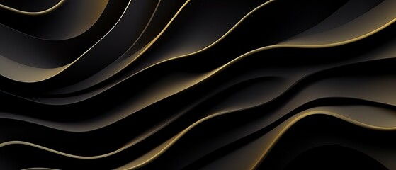 Wall Mural - Beautiful black abstract luxury background with 3D texture of wavy lines with golden edges