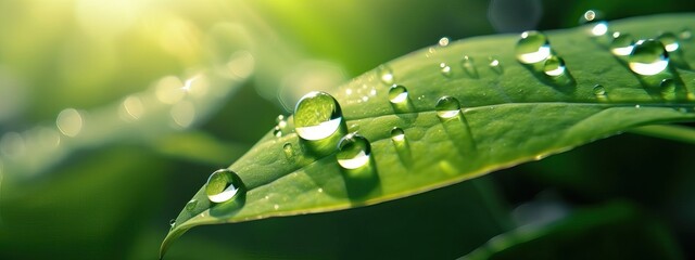 Wall Mural - Large beautiful drops of transparent rain water on a green leaf macro. Droplets of water sparkle glare in morning sun . Beautiful leaf texture in nature. Natural background, free space