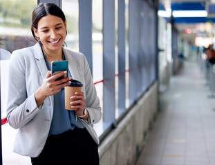 Poster - Business woman on coffee break, smartphone and contact with communication and smile at meme on social media. Happy female worker, travel and online mobile chat with space and relax with drink