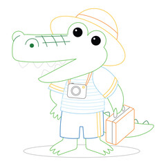 Wall Mural - Coloring book for kids, Cute crocodile traveler with a suitcase