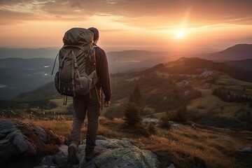 Wall Mural - Man hiking at sunset mountain with heavy backpack