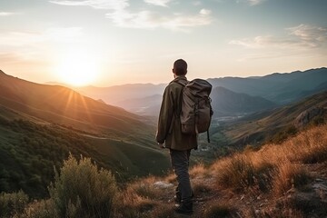 Wall Mural - Man hiking at sunset mountain with heavy backpack